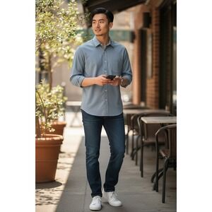 DUNNING Mens Medium Blue Textured Long Sleeve Button Up Shirt Golf Preppy Casual